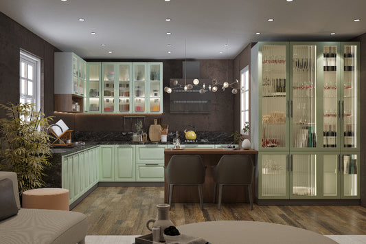 L-shaped kitchen with cool mint and fluted glass shutters