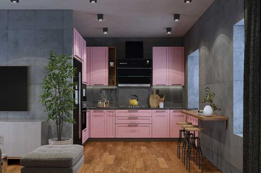 Compact L shaped kitchen light pink matt finish