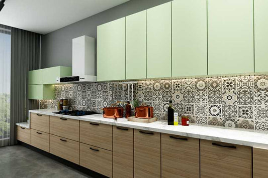 Parallel kitchen with Oakwood and fern olive handle less units