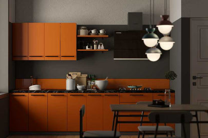 Compact straight kitchen with rusty orange finish