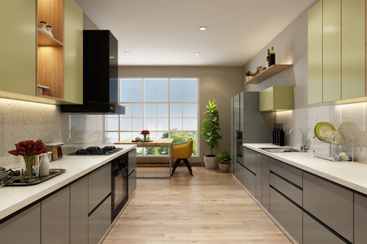 Parallel kitchen with fog grey and olive colour units