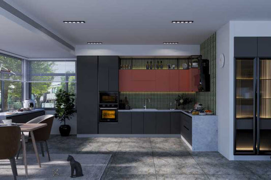 L-shaped kitchen with light coral and fluted glass tall units