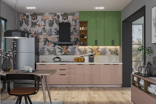 Straight kitchen with pastel green and beige shades and tropical dado tiles