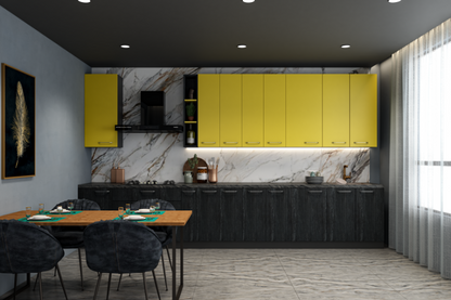 Straight kitchen with yellow pop and charcoal grey textured cabinets